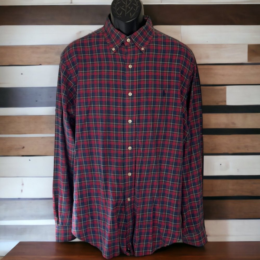 Polo by Ralph Lauren Button Front Shirt, Red/Blue Plaid, Large (P112023-1)